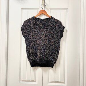 Vintage Handknit Black Rainbow Confetti Crochet Sweater Tee